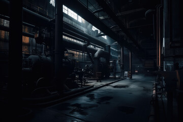 Fototapeta premium Dark and Moody Industrial Warehouse with Steam Pipes and Heavy Machinery, generative ai