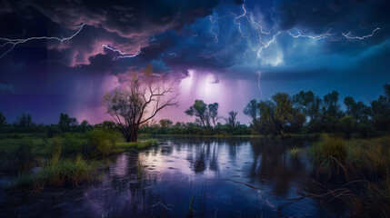Thunderstorm. Lightning strikes in a rural area.