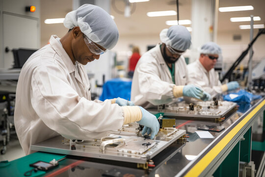 Dedicated workers in an aerospace manufacturing plant, assembling components for a satellite, generative ai