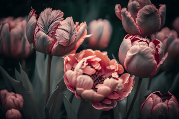 Close up of blooming flowerbeds of amazing pink parrot tulips during spring. Public flower garden, Netherlands. Dark moody photo