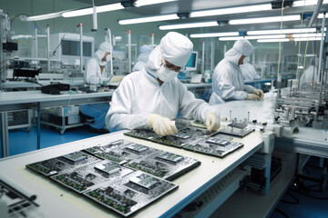 Electronics manufacturing facility with workers assembling circuit boards, soldering components, and inspecting the finished products, generative ai - obrazy, fototapety, plakaty