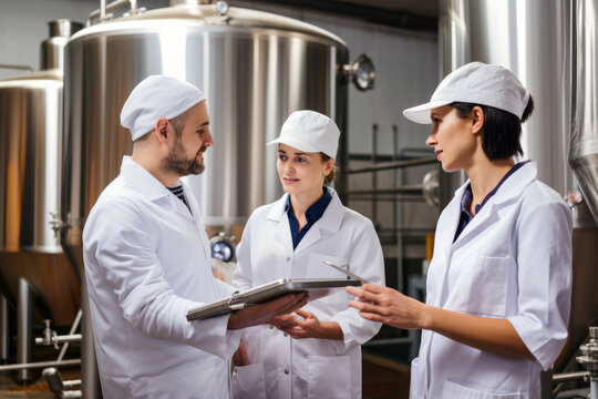 Ecstatic employees in a modern brewery, monitoring the fermentation process and quality control, generative ai