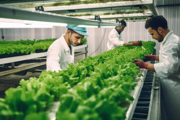 Enthusiastic workers maintaining a hydroponic farm with various plants and advanced equipment, generative ai
