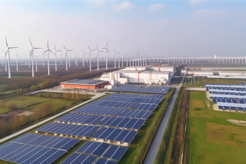 factory with solar panels and wind turbines for sustainable energy production, generative ai