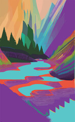 mountain river landscape vector poster - 583315468