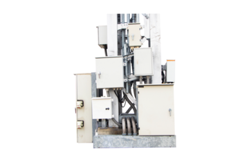 Communication tower telephone pole. Wireless communication technology installed on large electric pole. Isolated on cutout PNG. Telecommunication of 4G and 5G cellular. Smart antennas mounted.