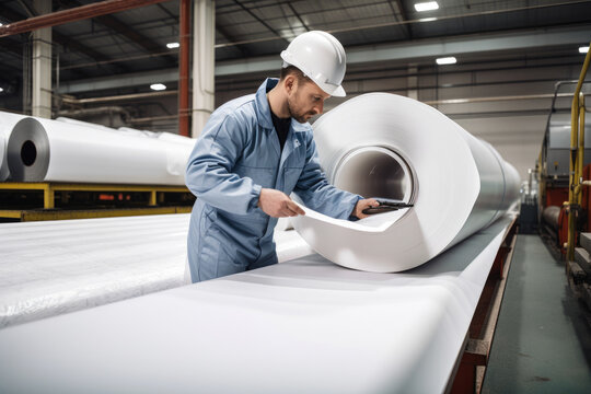 engineer in safety gear inspecting fiberglass panels during the production process at a manufacturing plant, generative ai