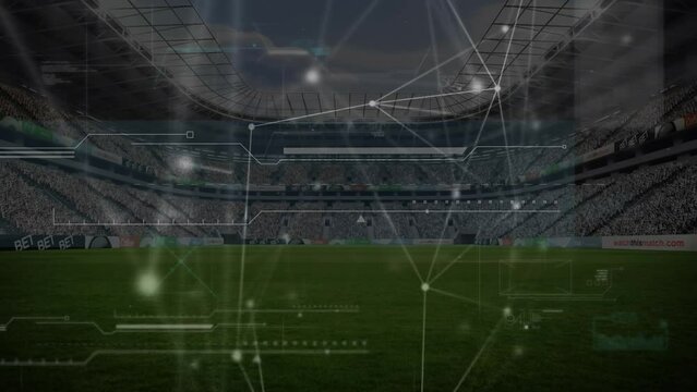Animation of network of connections and data processing over sports stadium