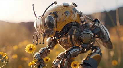 Bee Atompunk is a futuristic cybernetic bee, digital art illustration, Generative AI
