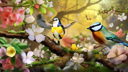 AI Generated Art of Beautiful Birds in a magic forest
