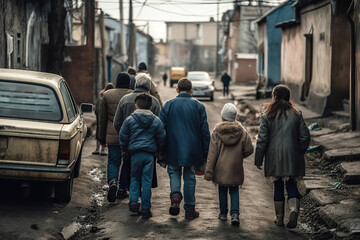  Family of refugees and displaced by war or a natural disaster walking through the streets of a destroyed city. Generated by AI