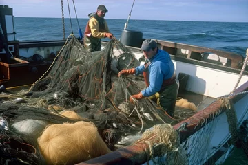Foto op Canvas Fishermen working on a commercial fishing boat, hauling in nets filled with fresh seafood, generative ai © aicandy