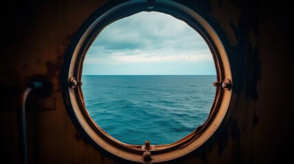 Obraz na płótnie Canvas Porthole with ocean view. View of the silent sea surface through a rusty porthole of the ship. Old ship cabin window. Generative AI.