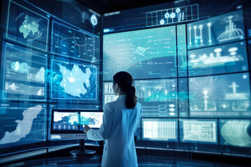 Futuristic holographic display of oil and gas industry data and analytics, monitored by a scientist in a high-tech laboratory, generative ai