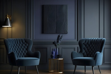Obraz premium Dark room with accents. Blue navy armchairs. Trendy modern interior design mockup. Gray wall painted background empty for art. Premium lounge living or reception hall interior