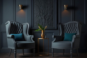 Dark room with accents. Blue navy armchairs. Trendy modern interior design mockup. Gray wall painted background empty for art. Premium lounge living or reception hall interior