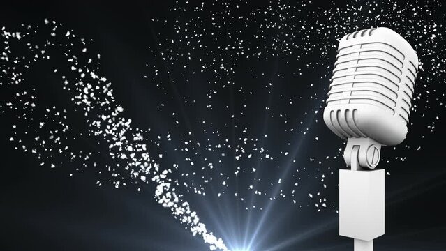 Animation of retro silver microphone with shooting star on black background