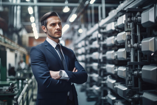 Focused businessman in a suit observing the production line, with complex machinery operating in the background of a modern factory, generative ai