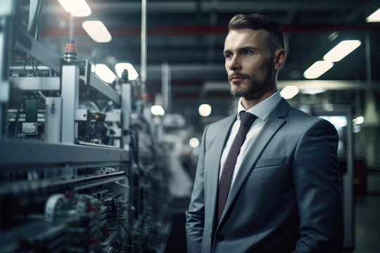 Focused businessman in a suit observing the production line, with complex machinery operating in the background of a modern factory, generative ai