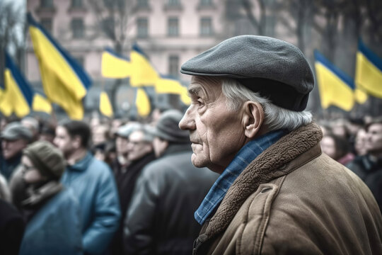 Old man in a demonstration in support of Ukraine and against the war with Ukrainian flags and crowds of people in the background. Generated by AI