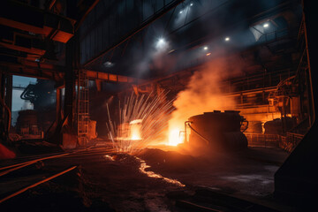 Glowing night view of a large steel mill with fiery sparks and molten metal pouring
