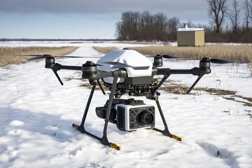 Obraz premium Drone with a camera in a winter rural environment. Generative AI