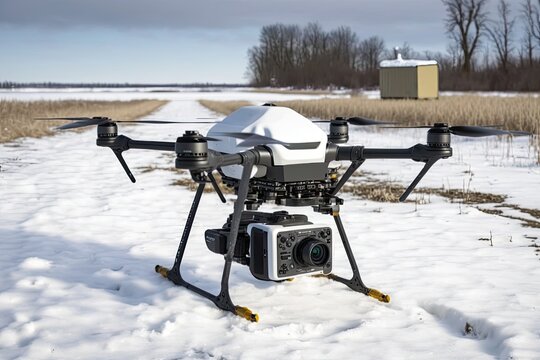 Drone with a camera in a winter rural environment. Generative AI