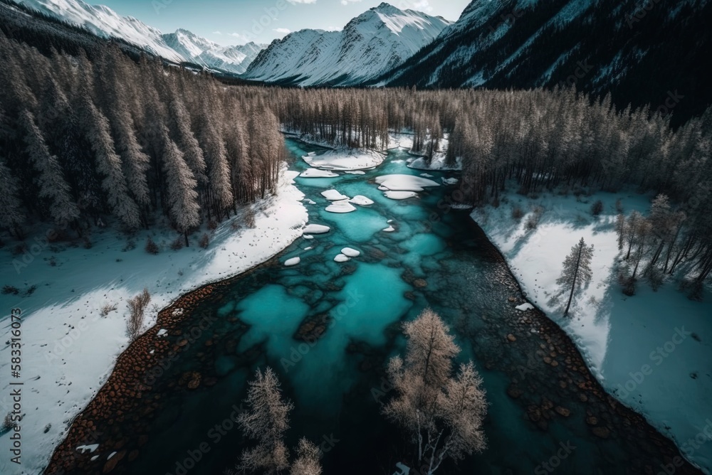 Poster view from above of a river set between forested mountains blanketed in snow generative ai