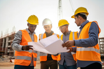 Group of construction workers wearing safety vests and helmets, having a break and discussing project plans, generative ai