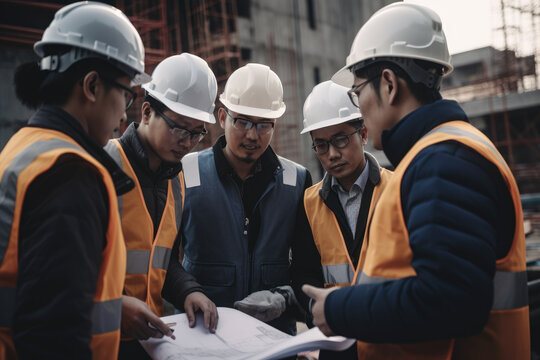 Group of engineers wearing hard hats and safety gear discussing a project on a construction site, with cranes and scaffolding in the background, generative ai