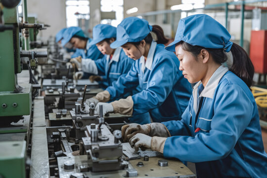 group of female workers in hard hats assembling machinery parts on a production line, generative ai
