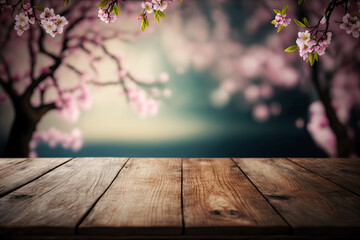 Empty Wooden Table Display with Pink Cherry Blossom Background, generative AI