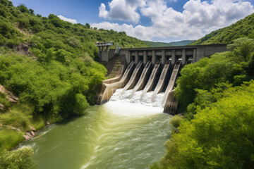 Huge hydroelectric dam with flowing water, surrounded by a lush green landscape", generative ai