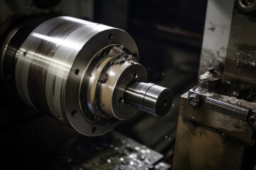 Fototapeta premium Image of a cylindrical part being finished with abrasive wheel in a machine shop, generative ai
