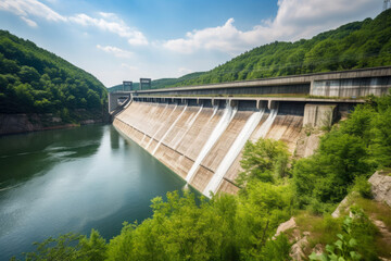 Huge hydroelectric dam with flowing water, surrounded by a lush green landscape", generative ai