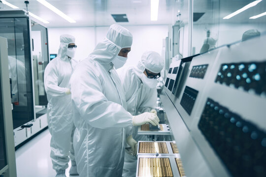 Highly skilled workers in a semiconductor factory wearing cleanroom suits, inspecting microchips, generative ai
