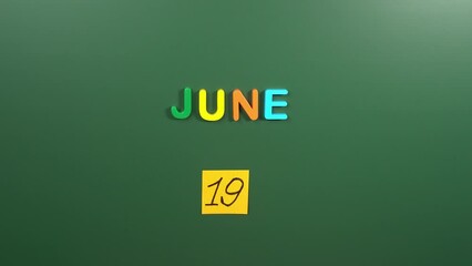 Hand sticking a sticker 19 June calendar day on school board. 19 date of June. Nineteenth day of June. 19th date number. 19 day calendar. Nineteen date. Juneteenth National Independence
