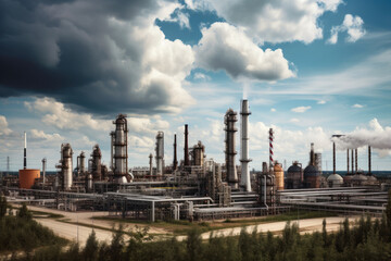 Obraz na płótnie Canvas Industrial landscape featuring a large petrochemical plant with distillation towers, storage tanks, and pipelines against a cloud-filled sky, generative ai