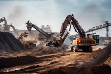 Industrial Mining Facility with Excavators and Ore Transport, generative ai