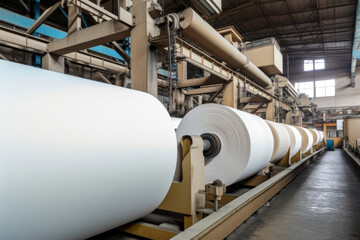 Industrial Paper Mill with Pulp and Paper Rolls, generative ai - obrazy, fototapety, plakaty