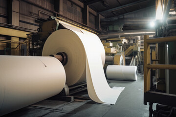 Industrial Paper Mill with Pulp and Paper Rolls, generative ai