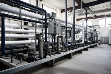 Industrial Water Treatment Plant with Filtration Tanks and Pumps, generative ai