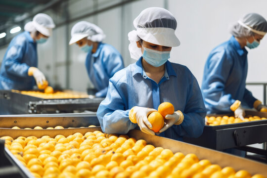 Industrial workers in a food processing plant sorting and packaging fruits and vegetables', generative ai