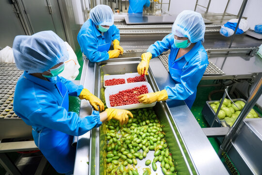 Industrial workers in a food processing plant sorting and packaging fruits and vegetables', generative ai