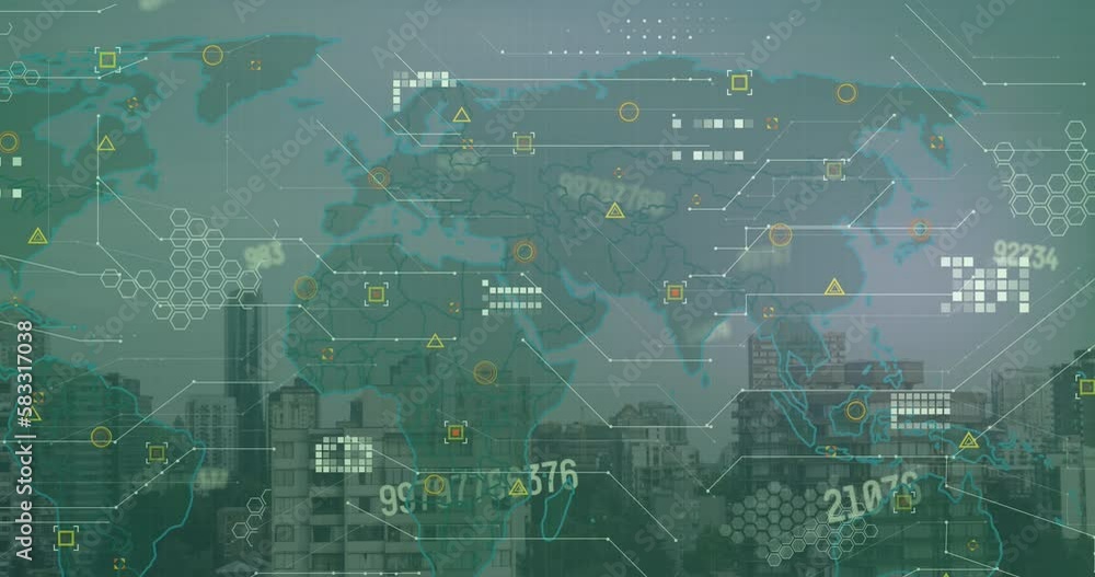 Aufkleber animation of financial data processing over map of world and cityscape