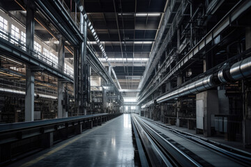 Obraz na płótnie Canvas massive factory floor with towering machinery and conveyor belts moving products from one area to another, generative ai