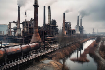 Fototapeta na wymiar massive steel mill dominating a gloomy, polluted landscape with smokestacks releasing dark clouds and a rusty river running nearby, generative ai