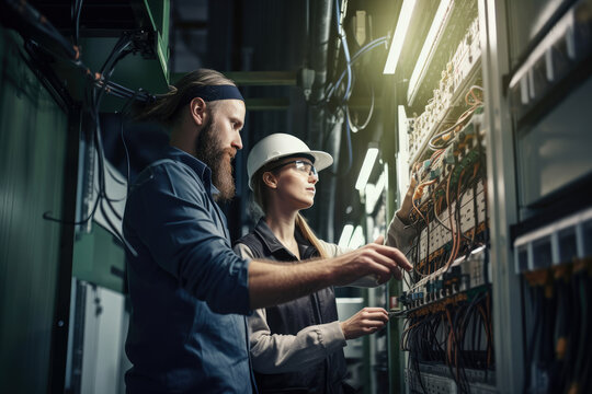 Man and woman maintenance engineers standing on a ladder, checking the wiring and connectivity of a large industrial machine with a multimeter, generative ai