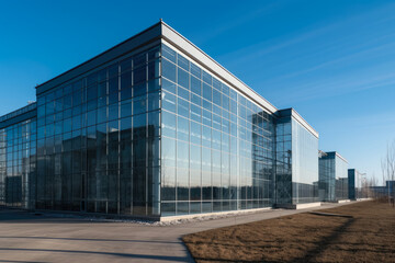 Fototapeta premium Modern factory construction with steel beams and glass walls against a clear blue sky, generative ai