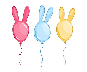 Kolorowe baloniki z króliczymi uszami. Wielkanocna dekoracja. Trzy balony - różowy, niebieski i żółty. Balon - królik. Wektorowa ilustracja. - obrazy, fototapety, plakaty